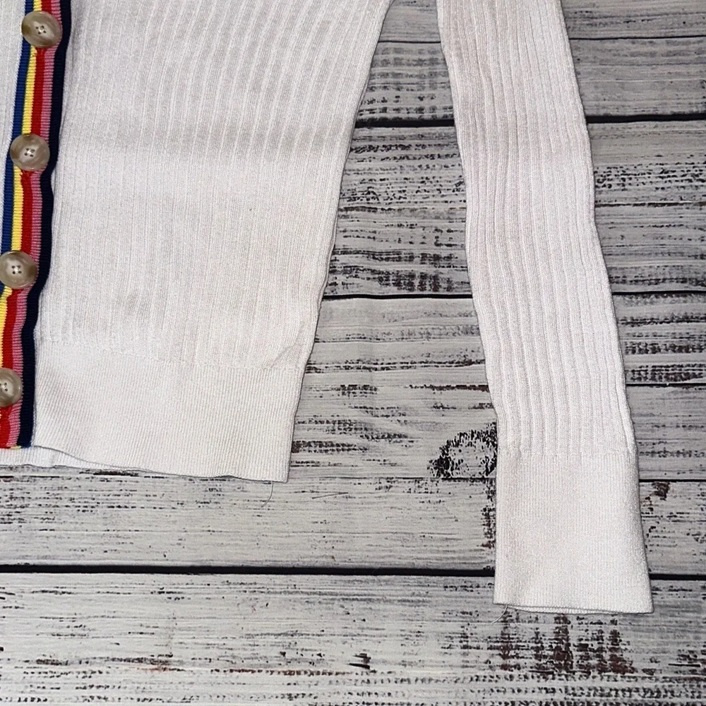 LOFT White Ribbed Cardigan with Colorful Trim Lightweight Sz. M - Picture 5 of 6